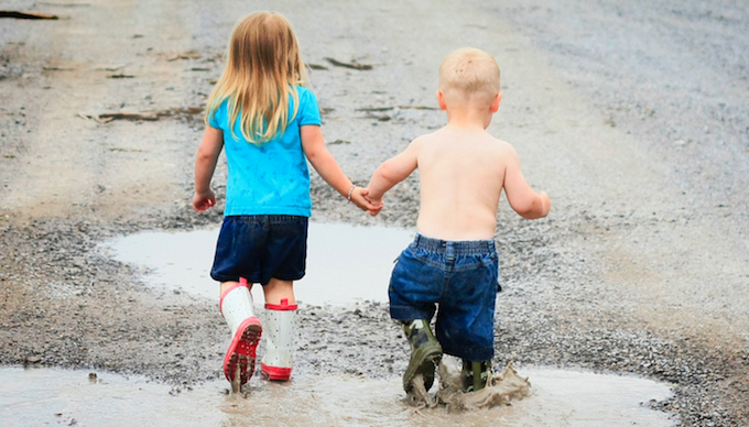 Children walking in wellingtons 