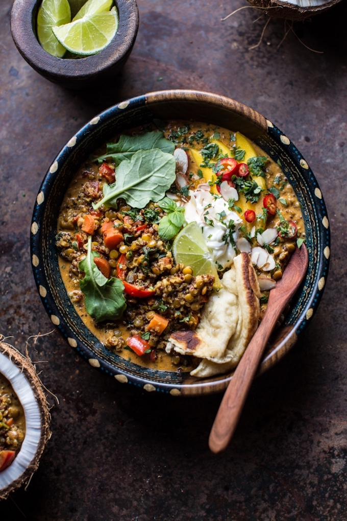 Simple Coconut Quinoa and Lentil Curry with Lime Mango