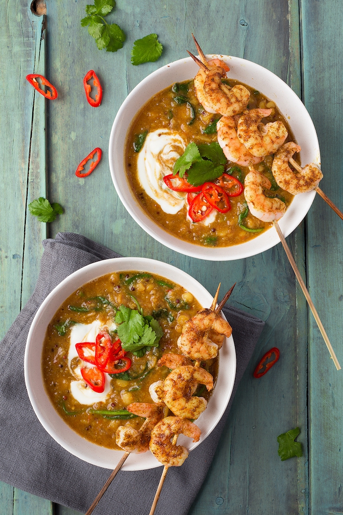 Dhal soup and prawn skewers