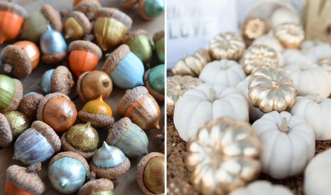 cheap seasonal wedding decor using pumpkins & acorns