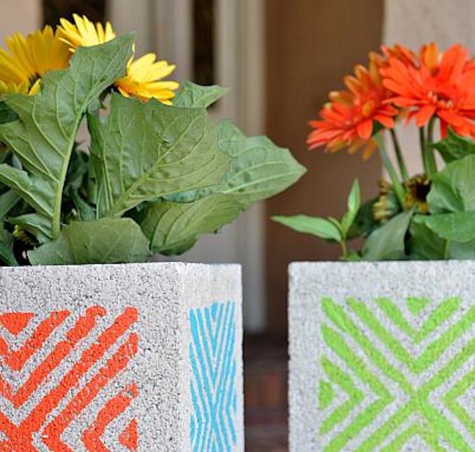 diy stencilled concrete block planters