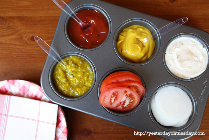 Condiments in a muffin tray