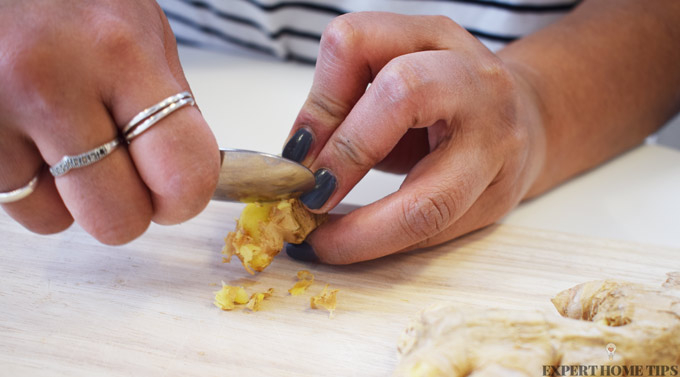 peel ginger with spoon