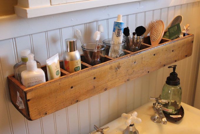 vintage crate bathroom storage