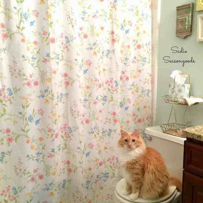 shower curtain made from old vintage bed sheet